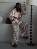 Zippered Loose Sweatshirt Jacket And Wide-Leg Pants Two-Piece Set