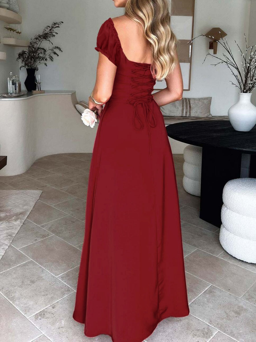 Tie-waist Ruched Puff Sleeve Long Dress