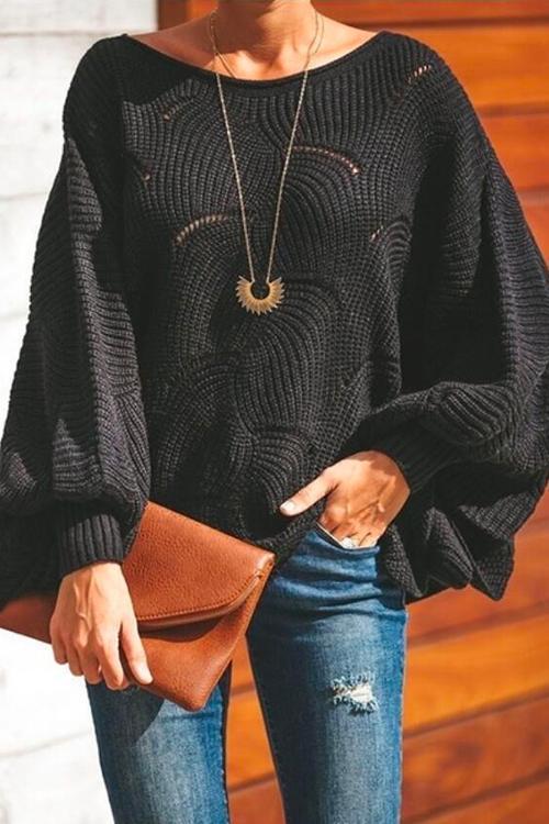 Solid Irregular Hem Lantern Sleeve Knit Sweater