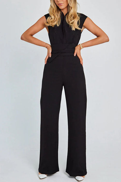 Chic Cap Sleeves Tie Waist Wide Leg Jumpsuit
