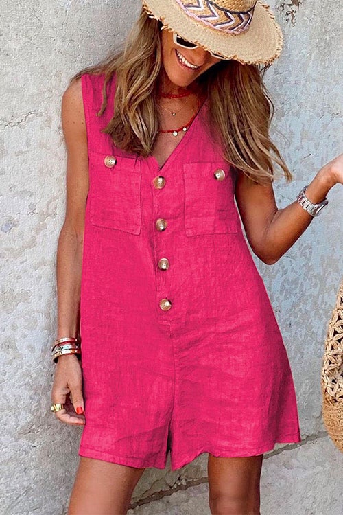 V Neck Buttons Wide Leg Tank Romper