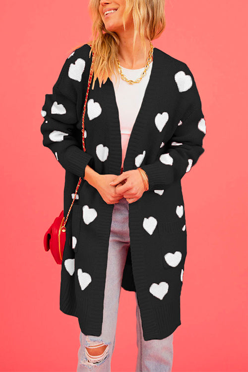 Open Front Pocketed Valentines Date Heart Print Cardigan