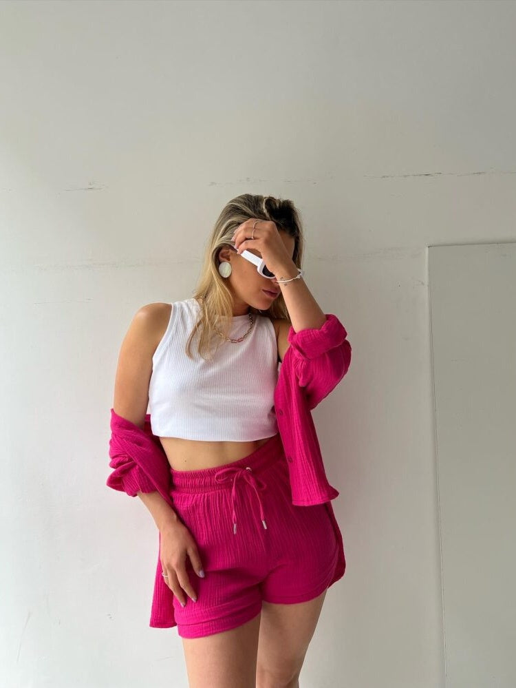 Long-sleeved Shirt And High-waisted Drawstring Shorts Casual Two-piece Set
