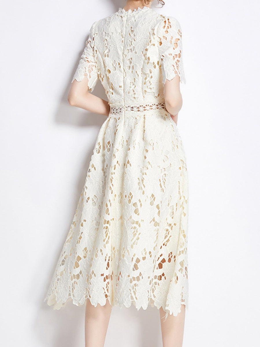 Water-soluble Lace Short-sleeved Slim-fit Midi Dress