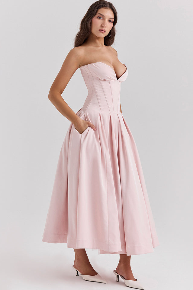 Strapless Plunging V-Neck Corset Bodice Box Pleat A-Line Midi Dress