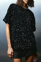 Round Neck Short Sleeves Glitter Sequin Top