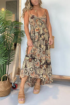 V Neck Back Lace-up Slit Floral Print Maxi Cami Dress