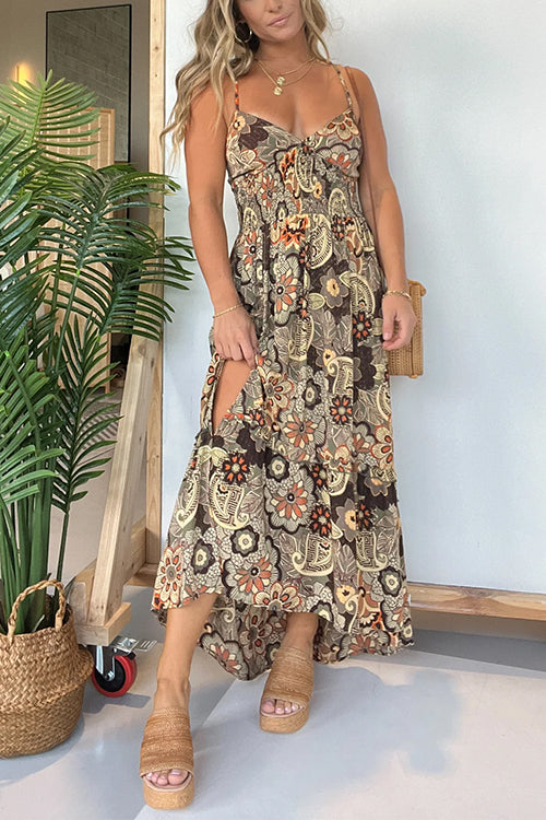 V Neck Back Lace-up Slit Floral Print Maxi Cami Dress