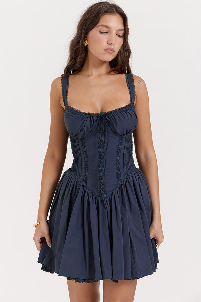 Lace Trim Corset Bustier Basque Waist Flared Mini Dress