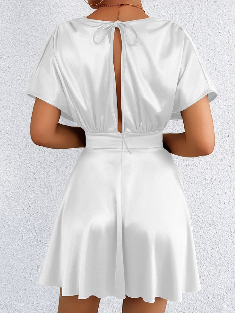 V-neck, Fitted Waist, Zippered, Glossy Short Dress