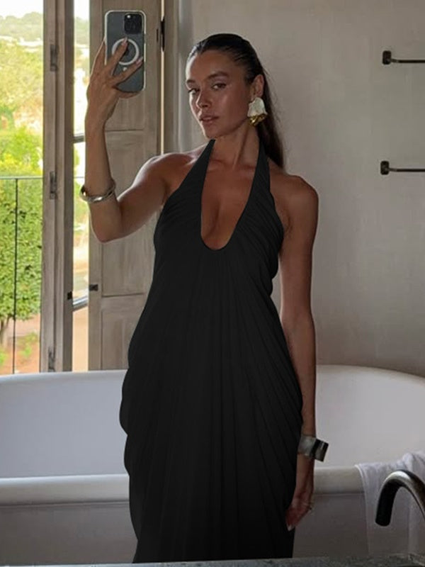 Loose-fitting, Backless, Sleeveless, V-neck, Pleated Halter-neck Mesh Long Dress