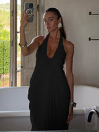 Loose-fitting, Backless, Sleeveless, V-neck, Pleated Halter-neck Mesh Long Dress