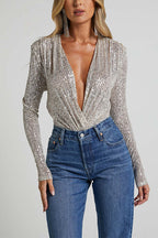 Wrap Deep V Neck Long Sleeves Sequin Bodysuit