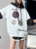 Smiling Print Splice Drawstring Oversized Hoodie
