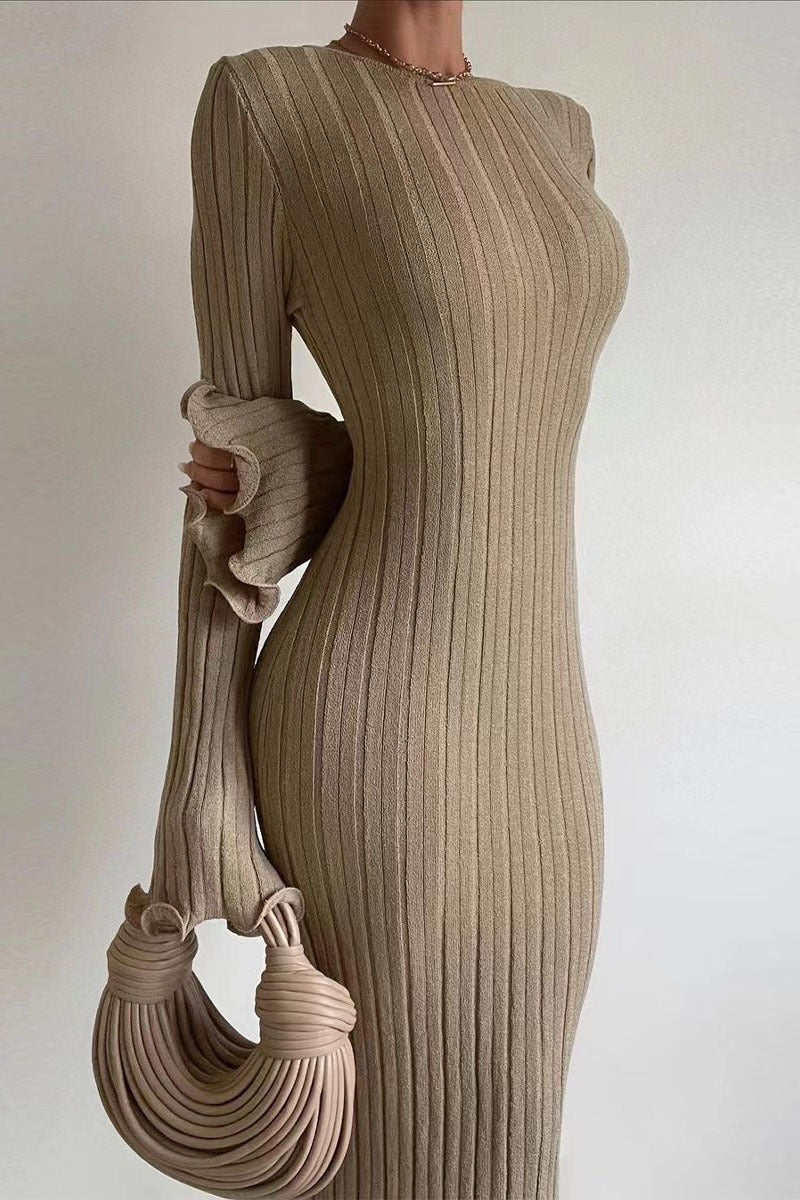 Crew Neck Ribbed Knit Ruffle Cuff Bodycon Maxi Sweater Dress
