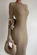 Crew Neck Ribbed Knit Ruffle Cuff Bodycon Maxi Sweater Dress
