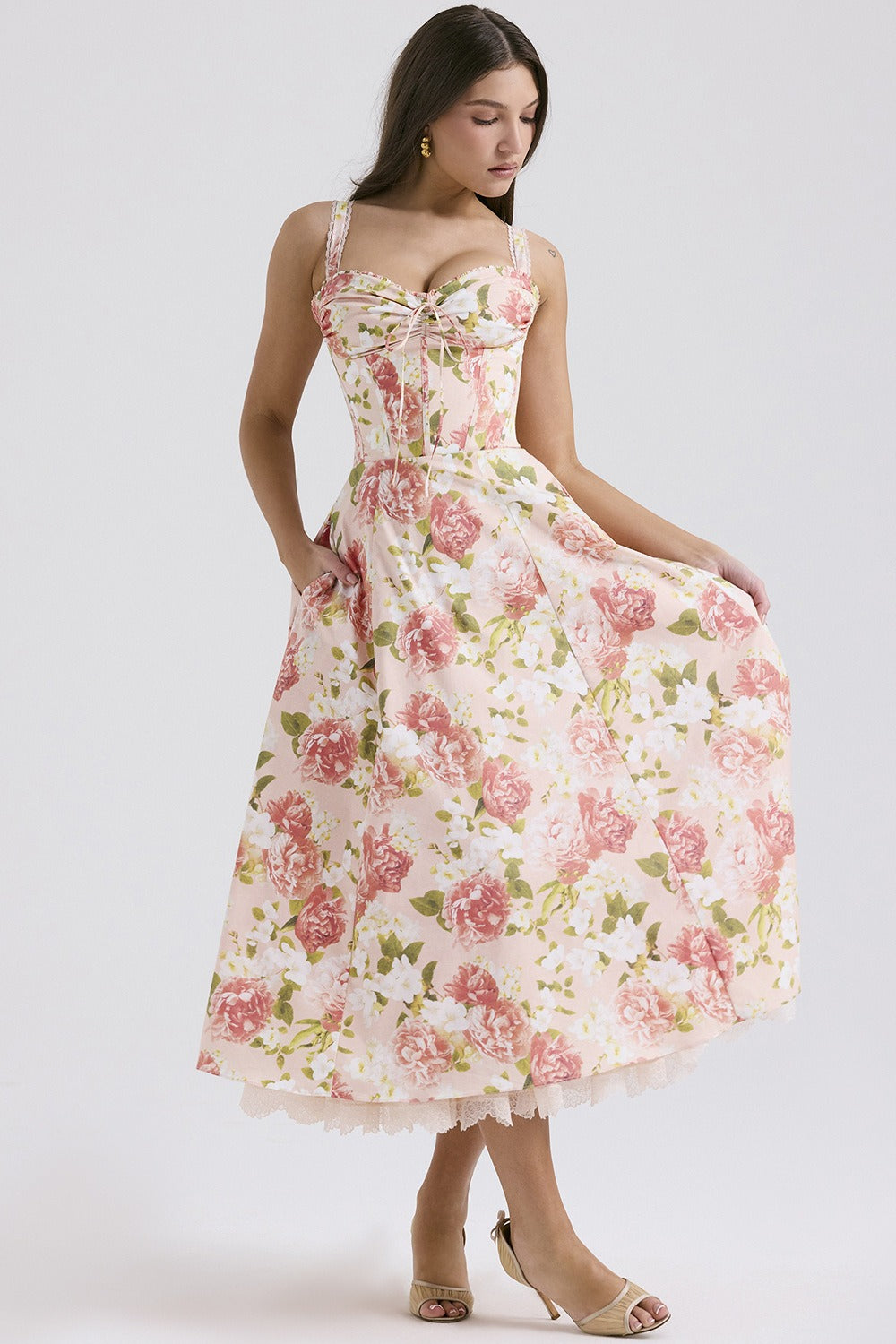 Wide Strap Lace Trim Corset Bodice Floral Print A-Line Midi Dress