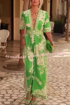 Plant Print V-Neck Short Sleeve Button Loose Pocket Jumpsuit