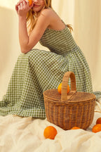 Stylish Plaid Print Spaghetti Strap Ruched Casual Pocket Maxi Dress