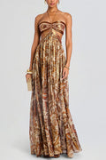 Bohemian Flair Chiffon Golden Paisley Print Cutout Halter Maxi Dress