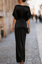 Solid Color Round Neck Short-sleeved Elegant Draped Maxi Dress