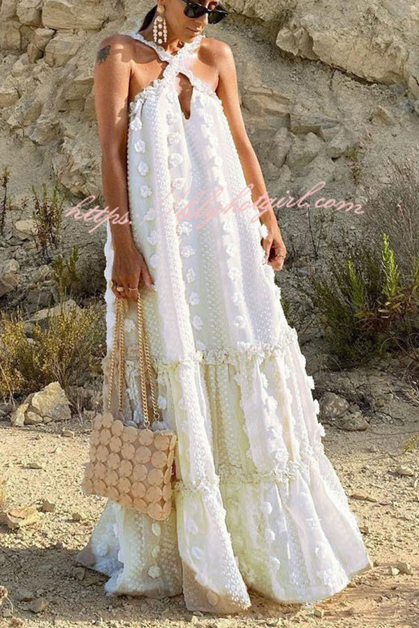 3D Floral Applique Halter Keyhole Tiered Maxi Dress