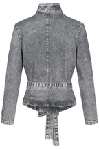 Casual Meetup Denim Stand Neck Long Sleeve Belted Loose Jacket