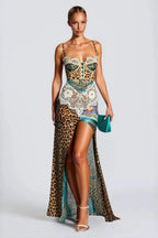 Print Lace Corset Bodice High Slit Maxi Dress