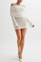 Off Shoulder Cowl Neck Long Sleeve Textured Knit Bodycon Mini Dress