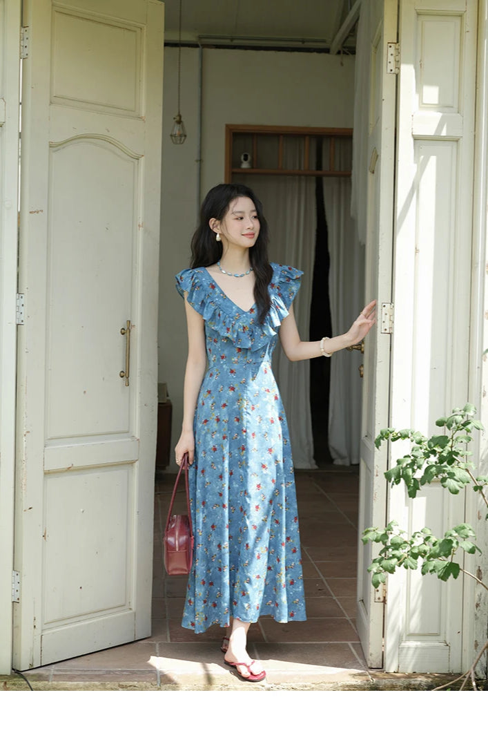 Floral Print Ruffle Trim V-Neck Cap Sleeve Fit and Flare Maxi Summer Dress