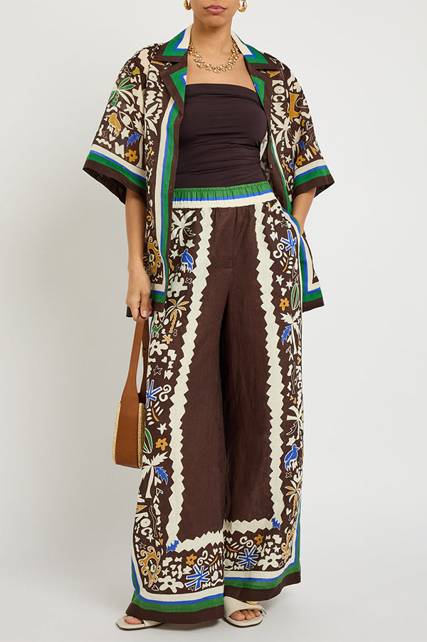 Antibes Satin Court Unique Printed Long Sleeve Loose Shirt and Elastic Waist Pants Set