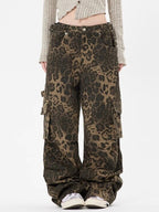Leopard Print Pocket Overalls Cargo Jeans