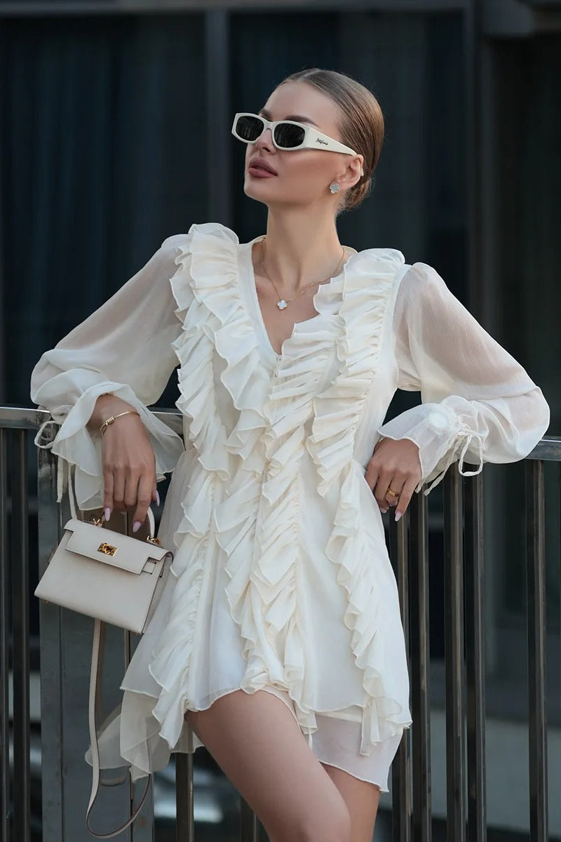 Chiffon Deep V-Neck Tie Front Long Sleeve Tiered Ruffle Mini Dress