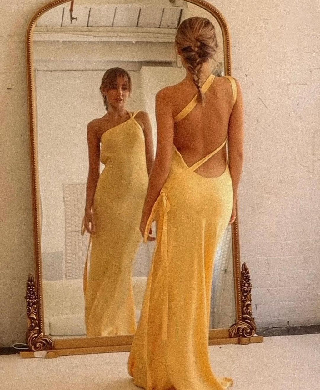 Satin One Shoulder Asymmetrical Open Back Maxi Gown