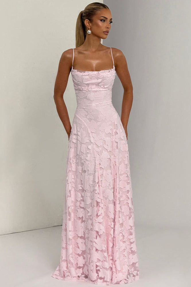 Floral Lace Cross Back Lace Up Open Back A-Line Maxi Gown