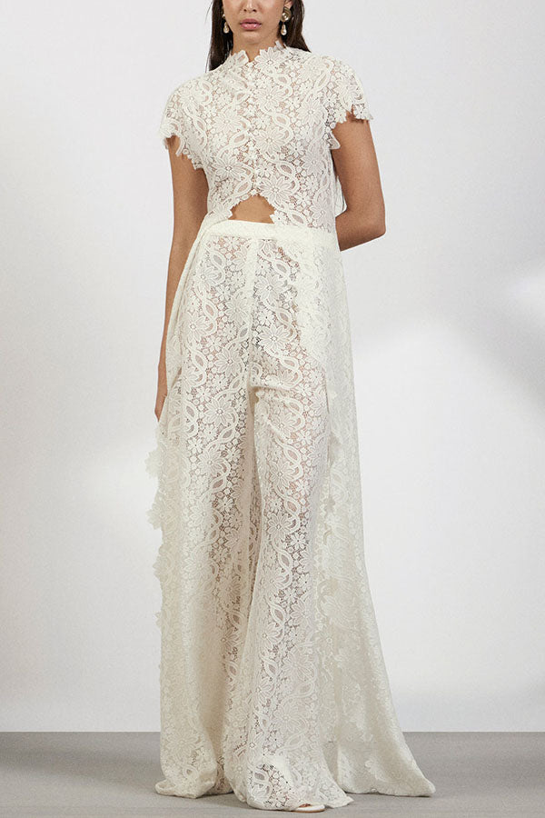 Elegance Avant-garde Floral Lace Short Sleeve High Low Top and High Rise Wide Leg Pants Set