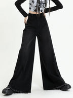 Versatile Black Raw Edge Wide Leg Boyfriend Jeans
