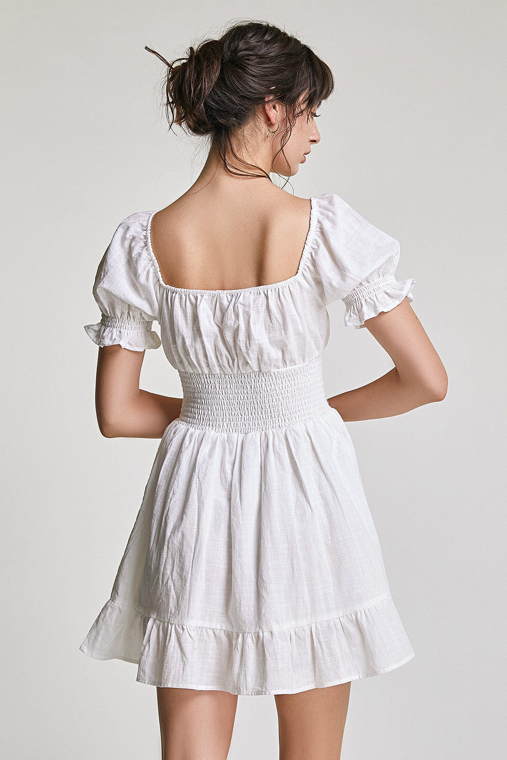 Tie Front Puff Sleeve Smocked Waist Ruffle Hem Babydoll Mini Dress