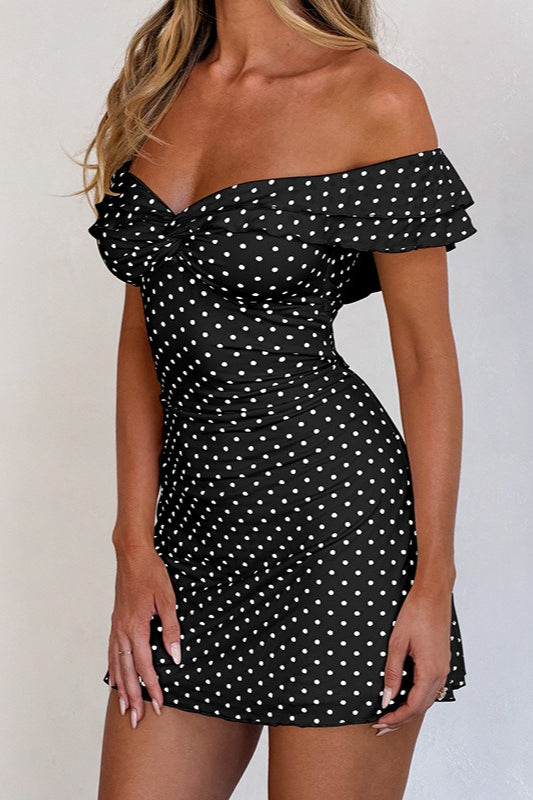 Off Shoulder Polka Dot Twist Front Ruffle Sleeve Bodycon Mini Dress
