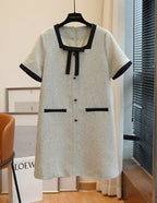 Tweed Square Neck Bow Trim Contrast Cuff Button Front A-Line Mini Dress