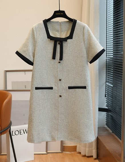 Tweed Square Neck Bow Trim Contrast Cuff Button Front A-Line Mini Dress