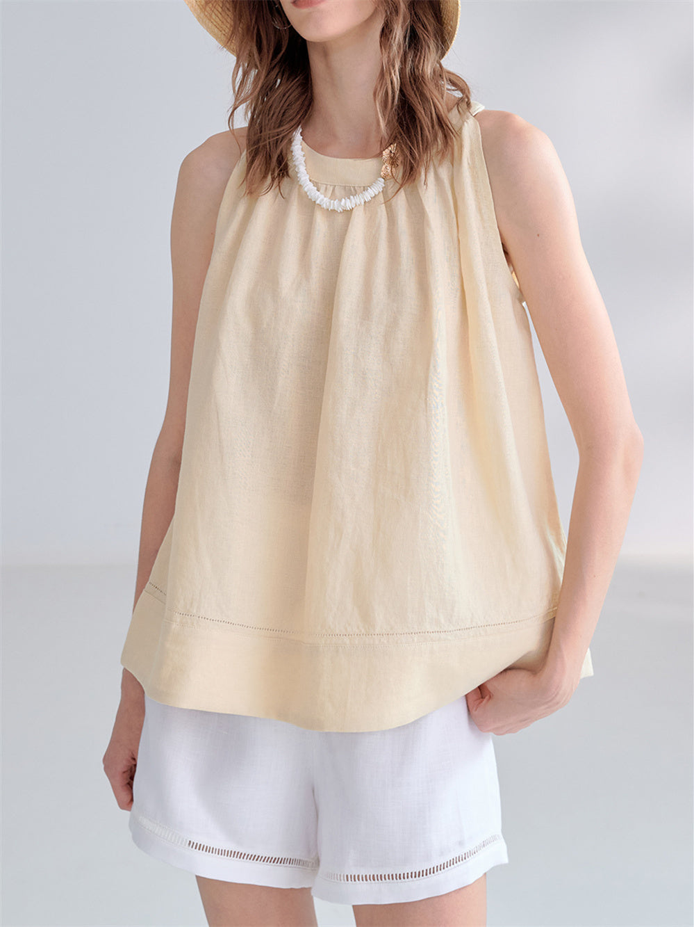 Textured Linen Off-shoulder Slim Fit Non-elastic Camisole