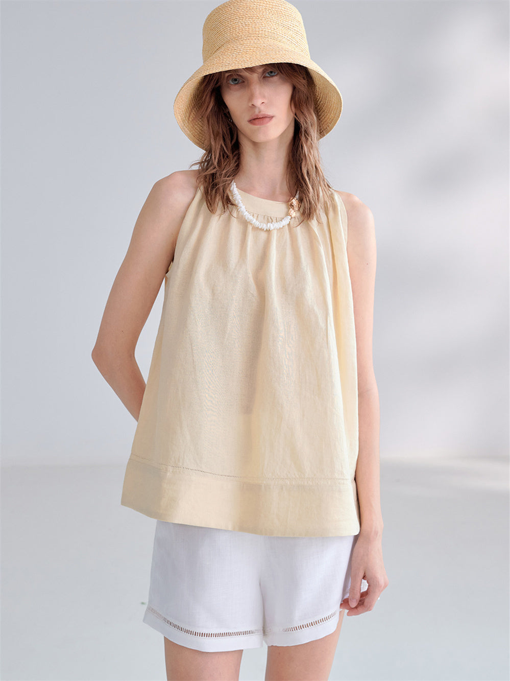 Textured Linen Off-shoulder Slim Fit Non-elastic Camisole