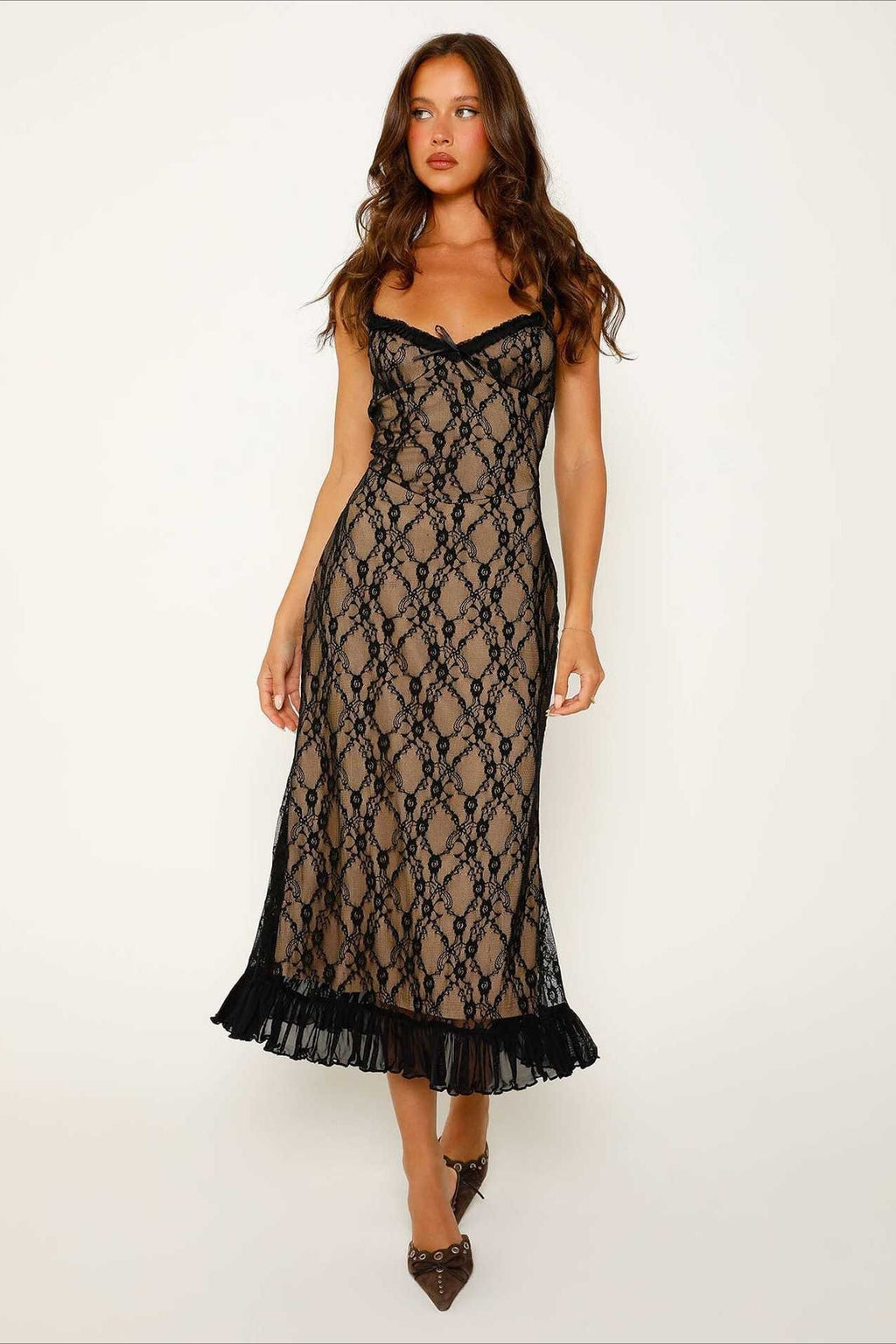 Lace Spaghetti Strap Sweetheart Ruched Pleated Hem Slip Midi Dress
