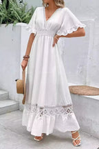 Crochet Lace Panel Flutter Sleeve Tiered Ruffle Maxi Dress
