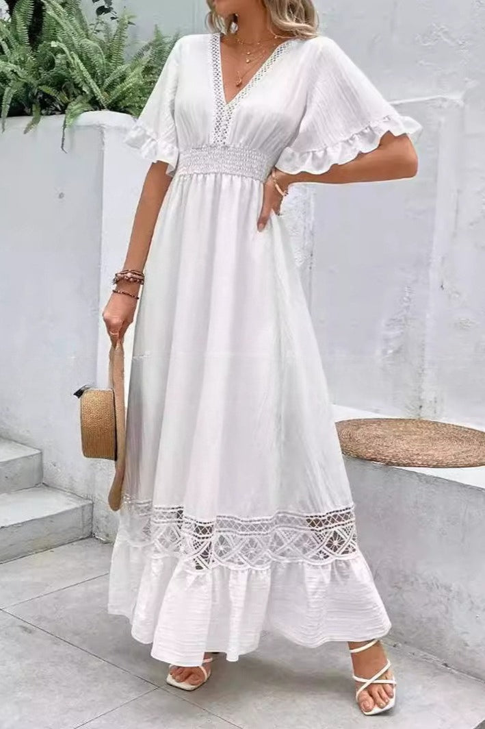 Crochet Lace Panel Flutter Sleeve Tiered Ruffle Maxi Dress