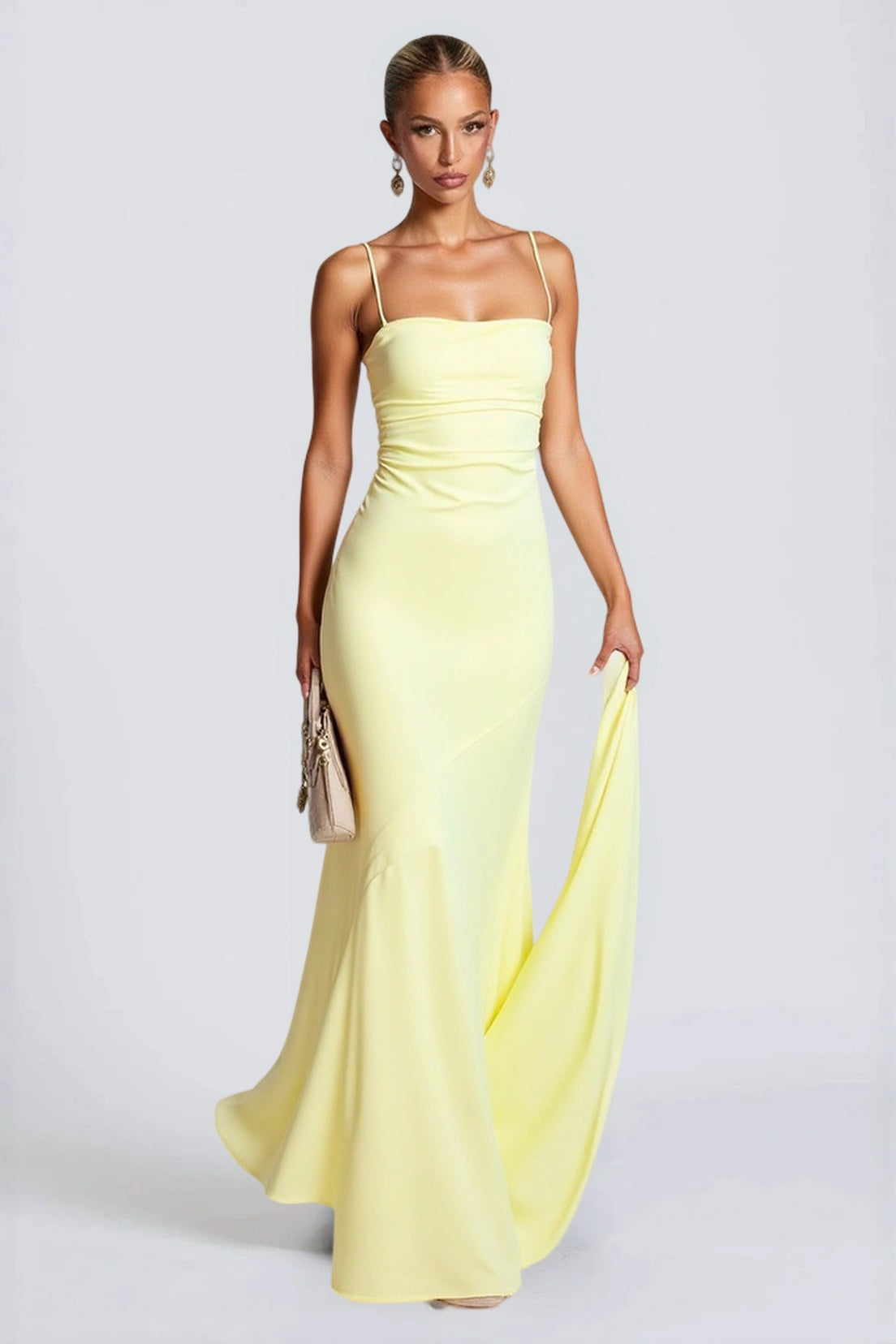 Satin Spaghetti Strap Square Neck Ruched Bodice Maxi Gown