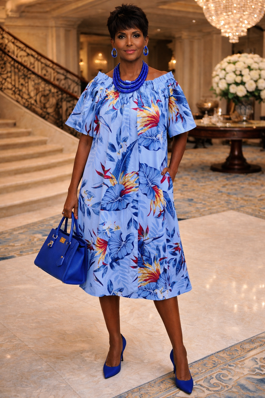 Blue Tropical Off-Shoulder Midi Dress _ Effortless Elegance