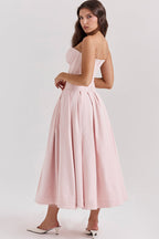 Strapless Plunging V-Neck Corset Bodice Box Pleat A-Line Midi Dress