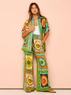Printed Vacation Long-sleeved Shirt Pants Wide Leg Set 2-piece Sets